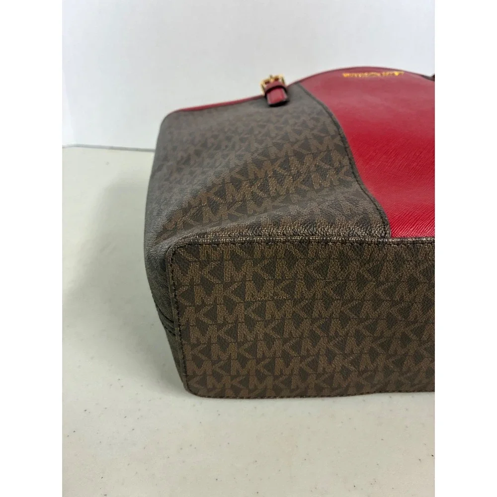 Michael Kors Brown Red Logo Tote Bag Gold‎ Hardware Saffiano Trim Large New